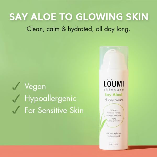 LOUMI Skincare Lightweight Hydrating Aloe Face Cream, Aloe Vera, Algae, And Hyaluronic Acid, Soften And Brighten Skin, Made In The US
