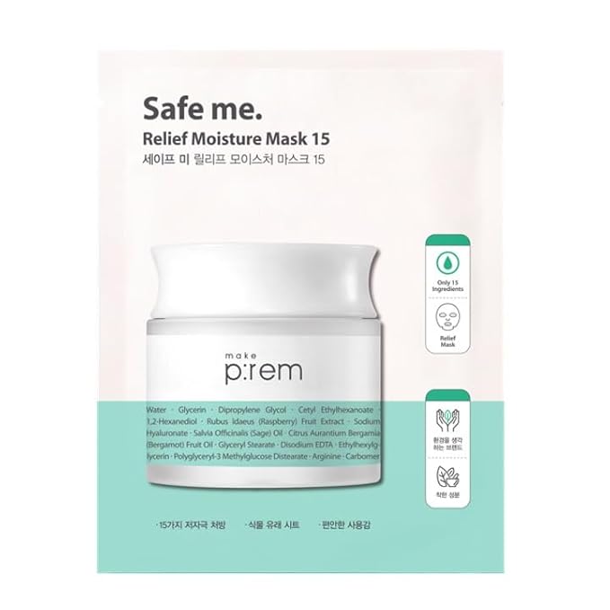 MAKE P:REM Safe Me. Relief Moisture Mask 15, Hydrating Sheet Mask with Natural Ingredients, Enriched with Hyaluronic Acid for Comfort and Glow, Korean Skin Care, 0.84 fl.oz. (25ml) x 10EA