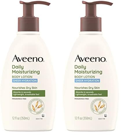 Aveeno Sheer Hydration Daily Moisturizing Fragrance-Free Lotion with Nourishing Prebiotic Oat, Fast-Absorbing Body Moisturizer for Dry Skin with Lightweight, Breathable Feel, 12 fl. oz (Pack of 2)