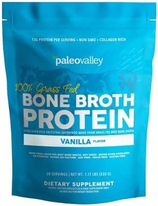 Paleovalley 100% Grass Fed Bone Broth Protein Powder - Vanilla - Rich in Collagen for Hair, Skin, Gut Health, Bone and Joint Support - 28 Servings