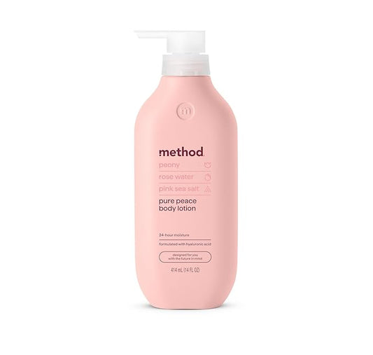 Method Body Lotion, Pure Peace, Rose Water, Peonies + Pink Sea Salt notes, 24 Hours of Moisture, 14 oz