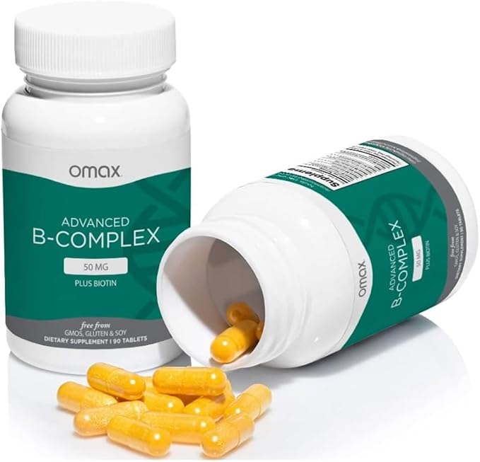 Omax3 2 Bottles - Advanced Vitamin B Complex 50MG with Biotin | Strong & Shiny Hair, Skin Nails, Support Stress, Immunity, Energy Metabolism, 90 Capsules/per Bottle