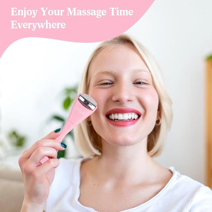 Hilph Mini Ice Roller for Face & Eyes, Face Eye Massager Roller Set with Stainless Steel and Silicone Head for Puffiness Relief, Metal Facial Ice Roller for Puffy Eyes, Reduce Fine Lines (Pink)