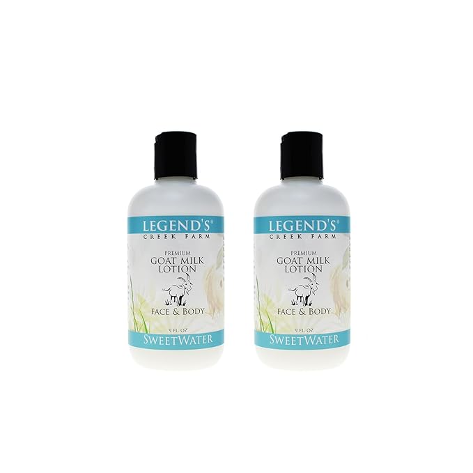Legend's Creek Farm Goat Milk Lotion - Moisturizing Goat Milk Body Lotion for Body, Hand & Face - 9 oz Body Moisturizer with Shea Butter, Sunflower Oil, Aloe, Handmade in USA (2-pack, Sweetwater)