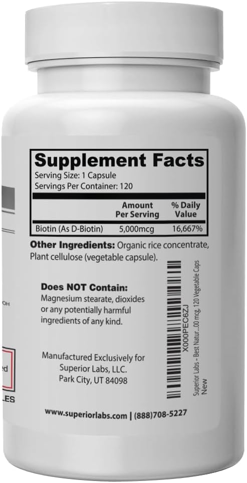 Superior Labs – Best Natural Biotin NonGMO Supplement – for Luscious Longer Hair and Lashes – Stronger Nails – Healthy Skin – Energy Booster – Healthy Weight - 5000 mcg, 120 Vegetable Caps