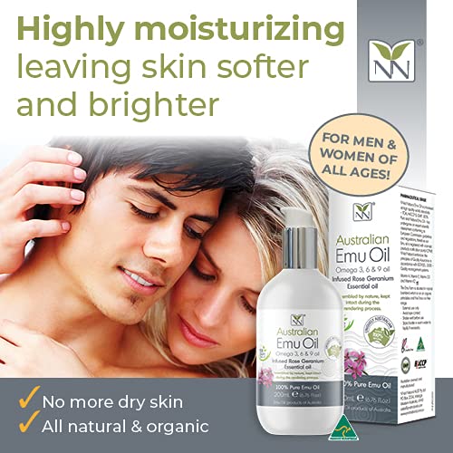 Y-Not Natural Ultra Pure Australian Emu Oil - Luxury, Hospital Grade Emu Oil 200 mL | Free Range Aboriginal Omega 3, 6 & 9 Oil Infused with Rose Geranium - The Ultimate Moisturizer for Skin, Hair, Nails, and Scalp