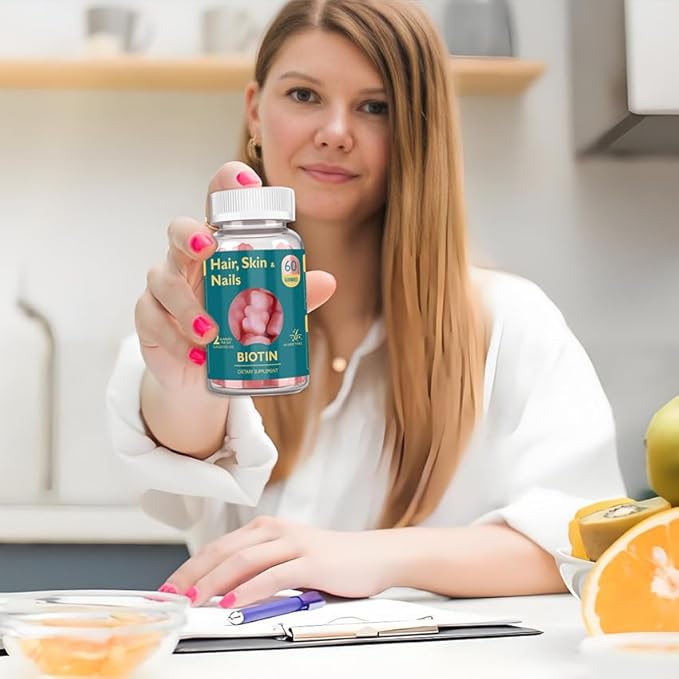 Hair Skin and Nails Gummies -Vegan Vitamins B7, Supports Hair Growth and Stronger Nails for Women & Men, Healthy Skin, 30 Day Supply, 60 Count, Strawberry Flavor