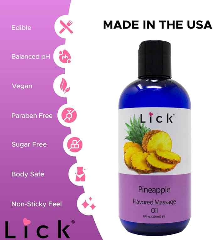 Lick Pineapple Passion Flavored Massage Oil – Sweet, Tropical, Body Safe for Intimacy & Romance, 8 oz