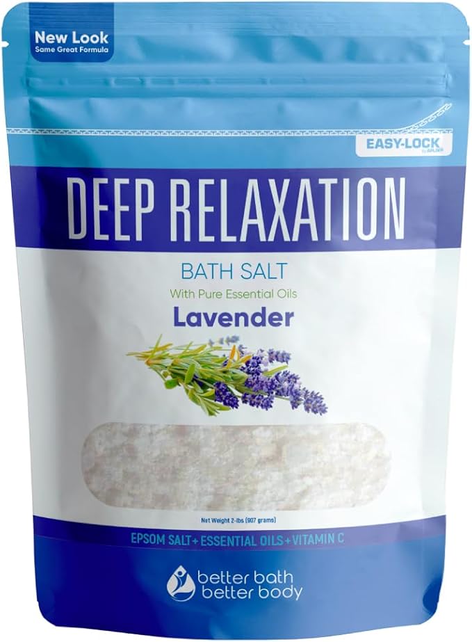 Deep Relaxation Bath Salt 32 Ounces Epsom Salt with Natural Lavender Essential Oil Plus Vitamin C in BPA Free Pouch with Easy Press-Lock Seal