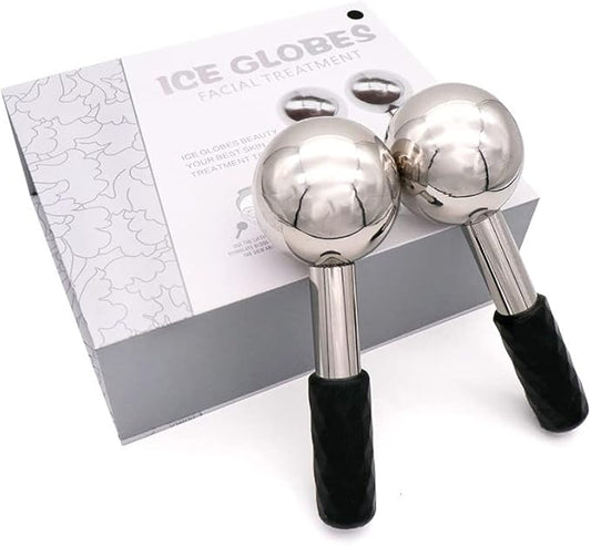 Facial Ice Globes and Roller, Cooling Massager for Face, Eyes and Neck, Cryotherapy Treatment for Puffiness, Dark Circles and Wrinkles (Silver)