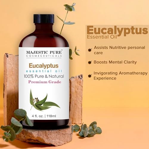 MAJESTIC PURE Eucalyptus Essential Oil | 100% Pure and Natural Eucalyptus Oil | Premium Grade Essential Oils for Hair Care, Home Diffusers, Skin, Aromatherapy, Massage and Humidifiers | 4 Fl Oz