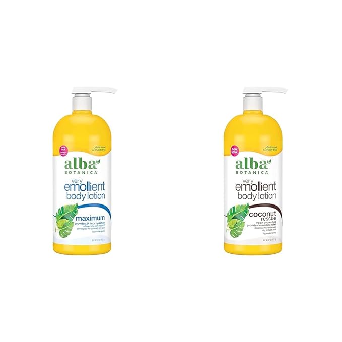 Alba Botanica Very Emollient Body Lotion, Maximum Dry Skin Formula, 32 Oz & Very Emollient Body Lotion, Coconut Rescue, 32 Oz