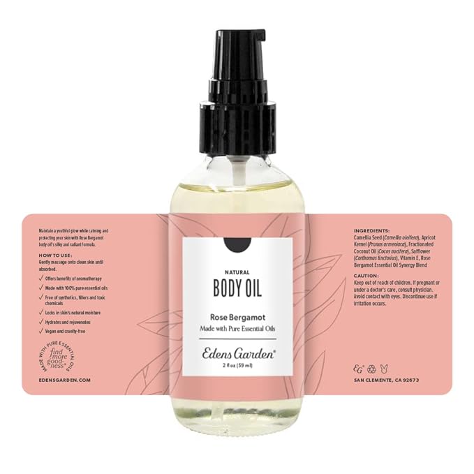 Edens Garden Rose Bergamot Bath & Body Oil – Tranquil Blend with Pure Essential Oils & Vitamin E for Healthy-Looking Skin, Face & Body Moisturizing – After Shower Floral Scented Oil, 2 fl oz (59 ml)