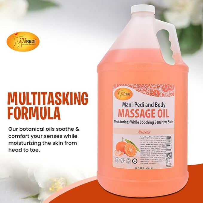 SPA REDI - Mandarin Scented Massage Therapy Oil, 128 Oz - Full Body Massage, Almond, Cotton Seed, Sunflower, Avocado & Essential Oils, Vitamin E