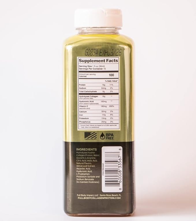 Liquid Collagen Protein w/Hyaluronic Acid & Vitamin C - Gold Edition (Apple), 16,000mg (16g) Hydrolyzed Collagen Peptides for Healthy Hair, Skin, Nails & Joints - 15oz Bottle