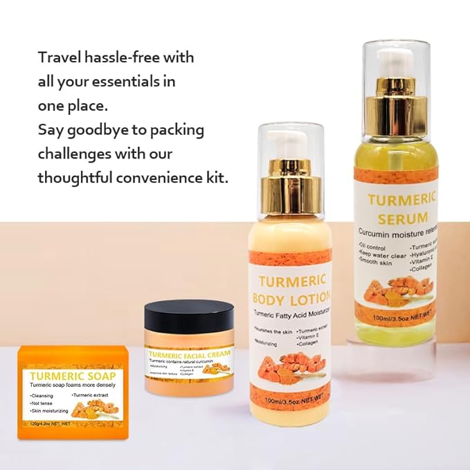 4 Packs Turmeric Serum,Turmeric Soap,Turmeric Body Lotion,Turmeric Facial Cream with Vitamin C, Vitamin E, Collagen,Hyaluronic Acid for Reduces Dark Spots