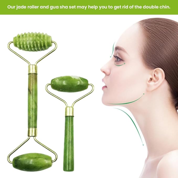 Bibabala 4-PCS Face Roller and Gua Sha Set, Skin Care Roller, Jade Roller Set, Face Stone Facial Roller Massage Tool for Face Eyes Neck Body, Smooth Wrinkles & Eye Puffiness(Green)