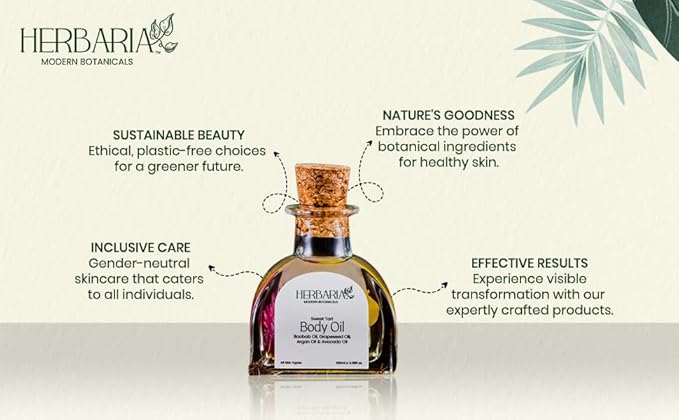 Herbaria Body Oil - Sweet Tart (3.38 fl oz) | Luxurious Body Oil - ALL SEASON | 100% Vegan Enriched With Grapeseed Oil, Pomegranate Oil, Avocado Oil, Argan Oil, Baobab Oil | 100% Sustainable
