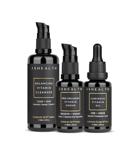 JSHealth Hydrate & Renew Skincare Bundle - Gentle Facial Cleanser, Brightening Vitamin C Serum for Face & Hydrating Vitamin E Face Oil