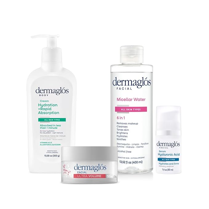 Skincare Facial And Body Set | Micellar Water 13,52 floz + Hyaluronic Acid Serum With Provitamin B5 1 floz + Ultra Volume Night Cream 1,76 oz + Body Cream Hydration for 24 hours 10,58 oz