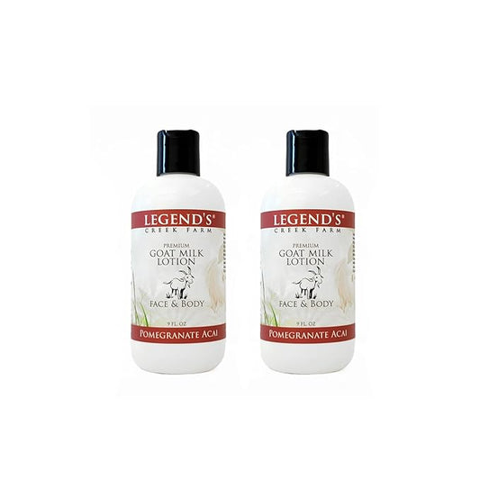 Legend's Creek Farm Goat Milk Lotion - Moisturizing Goat Milk Body Lotion for Body, Hand & Face - 9 oz Body Moisturizer with Shea Butter, Sunflower Oil, Aloe (2-Pack, Pomegranate Acai)