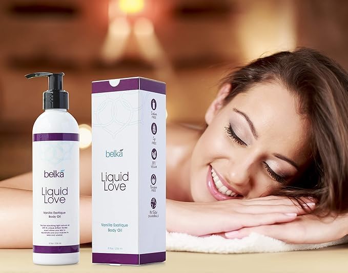 Liquid Love Vanilla Exotique Body Oil for Relaxing Massage Therapy and Sensual Couple's Massages - Made in The USA, 100% Vegan with Luscious Virgin Oils, Grape Seed, Coconut, Vitamin E, 8 floz