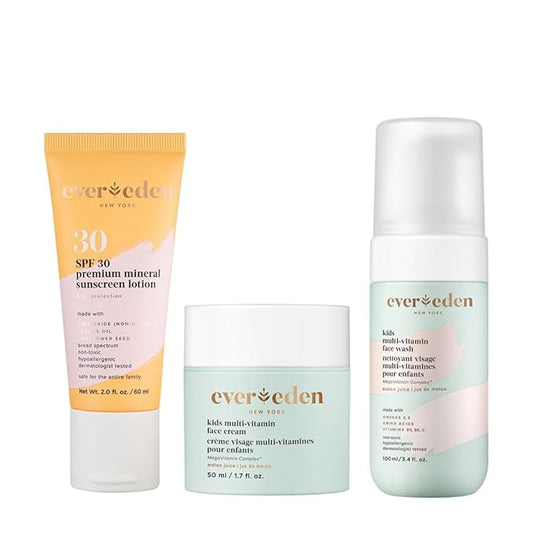 Evereden Kids Daily 1-2-3 Routine Bundle: Clean & Vegan Skin Care Set - Hydrating & Nourishing Tween Skincare Set with Multi-Vitamin Face Wash, Face Cream, Lotion, & SPF 30 Mineral Sunscreen (Melon)