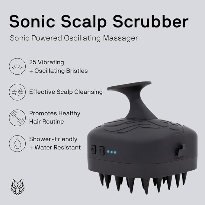 Black Wolf Sonic Scalp Scrubber - Electric Hair & Scalp Massager Brush with 3-Speed Oscillation - Rechargeable Shower Brush & Head Scrubber with Soft Silicone Bristles for Deep Clean & Exfoliation