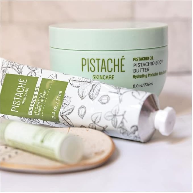 Pistaché Skincare Pistachio Oil Essential Body Care Trio Set + Whipped Body Butter + Hand Cream + Lip Balm + Moisturizing + Softening + Vitamin E + Antioxidant Protection