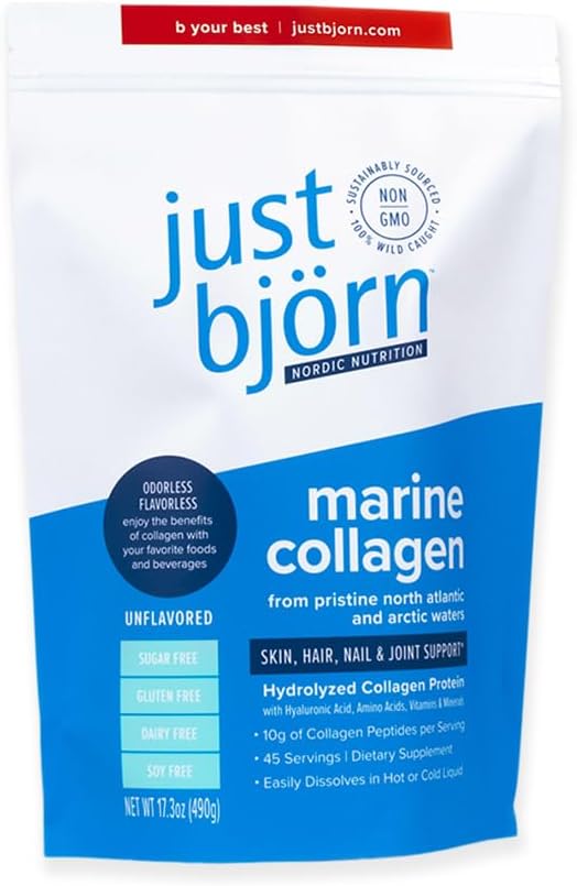 Just Bjorn Marine Collagen Peptides Powder for Women & Men - Skin, Hair, Nail and Joint Support - Hyaluronic Acid, Vitamin C, Amino Acids - Unflavored (45 Servings / 17.3 Ounce)