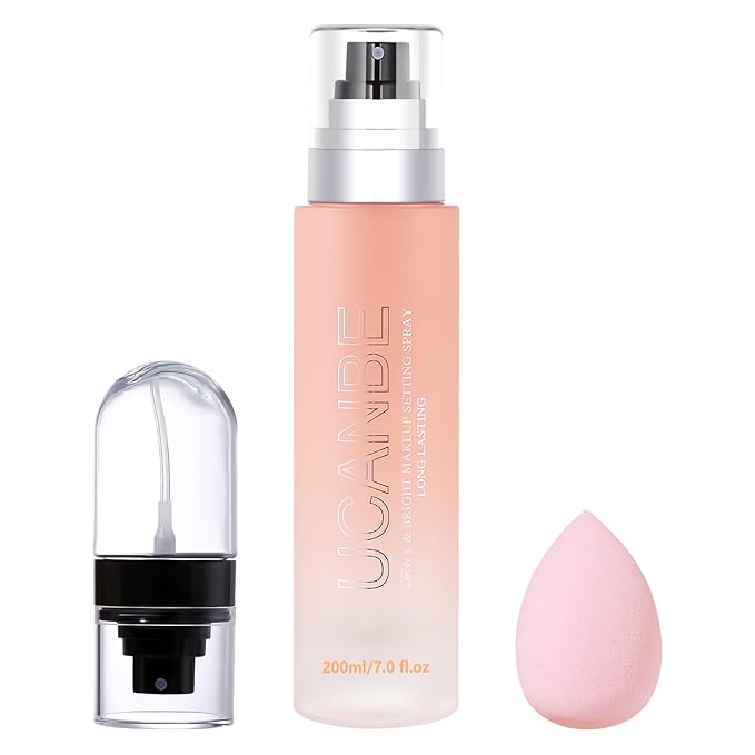 Dewy Makeup Setting Spray Kit-7 Fl oz Hydrating Illuminating Finishing Spray Long Lasting Lightweight Face Mist Make up Fixer +1PC Travel Size Spray Bottle+1PC Sponge Puff