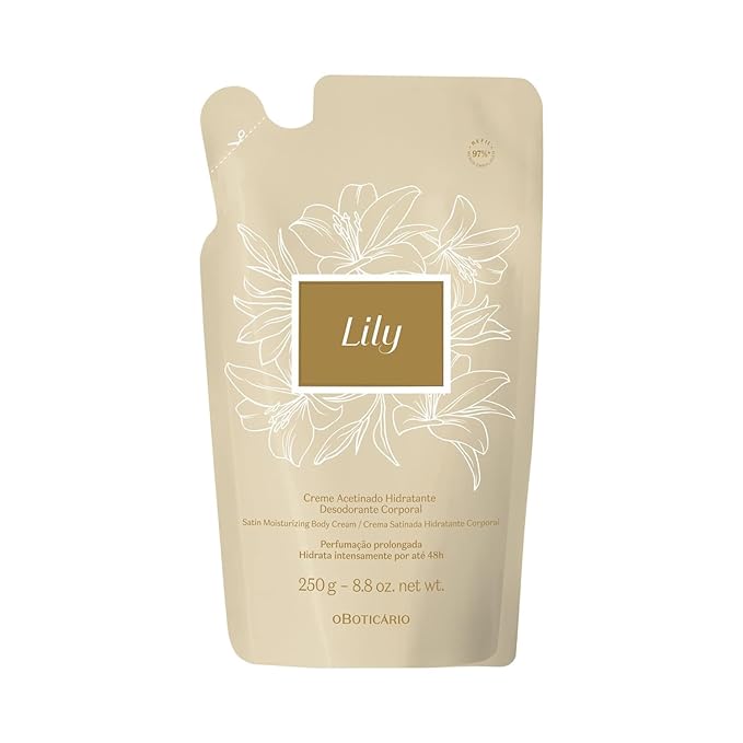 O Boticário Lily Satin Moisturizing Body Cream REFILL POUCH, 24 Hour Fragranced Body Butter for Dry Skin, 8.8 Ounce (250g)