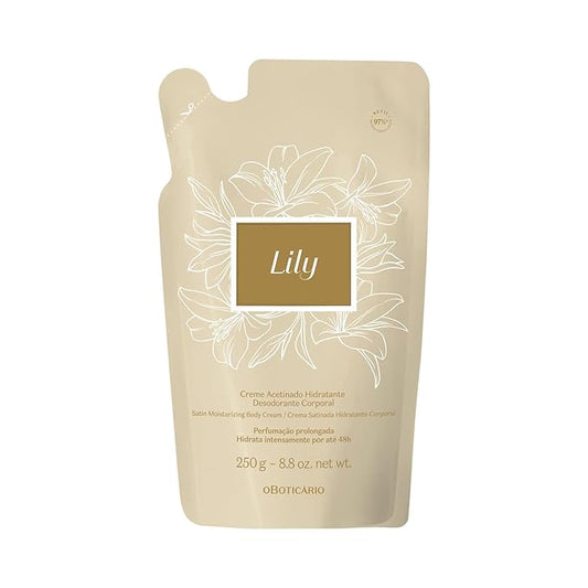 O Boticário Lily Satin Moisturizing Body Cream REFILL POUCH, 24 Hour Fragranced Body Butter for Dry Skin, 8.8 Ounce (250g)