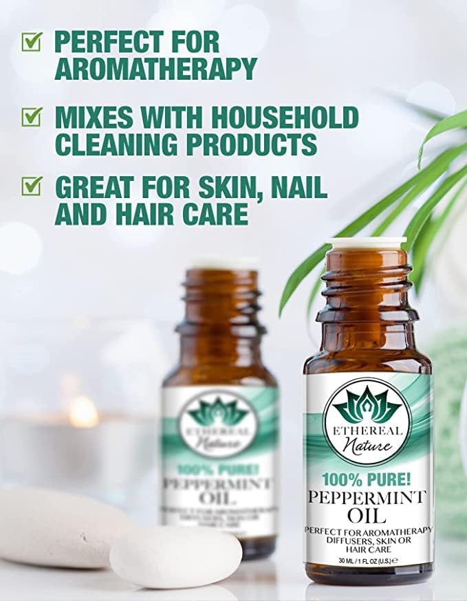 Ethereal Nature 100% Pure! Peppermint Oil – Perfect For Aromatherapy Diffusers, Skin, Nail and Hair Care – Beauty DIY – 4 FL OZ