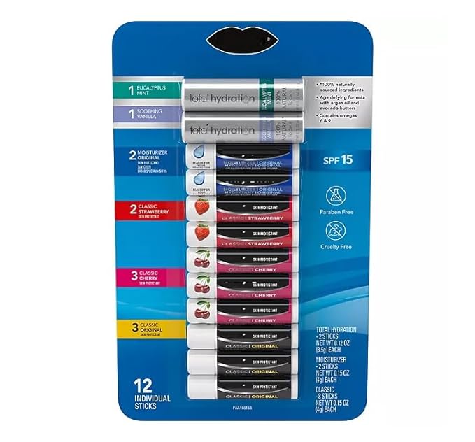 Moisturizer & Total Hydration Original, Cherry, Strawberry, Lip Balm Variety Pack - 12 ct