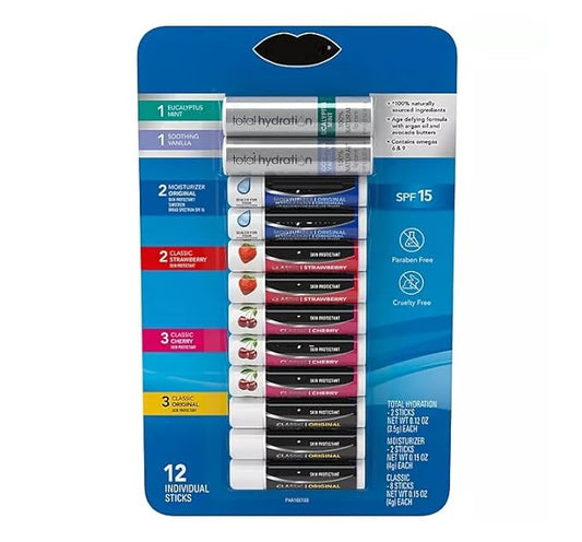 Moisturizer & Total Hydration Original, Cherry, Strawberry, Lip Balm Variety Pack - 12 ct