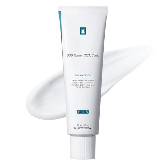 SOS Repair CICA Clinic Zinc Cream, 100,000ppm Zinc Oxide, Heal, Soothe Acne, Redness, Rosacea Treatment, Skin Barrier Repair, Moisture, Non-Comedogenic, Korean Skin care, 50g, 1.76 oz.