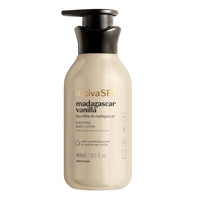 Nativa SPA by O Boticário, Madagascar Vanilla Moisturizing Body Lotion, Fragranced Skin Moisturizer with Purified Quinoa Drops, 13.5 Ounce