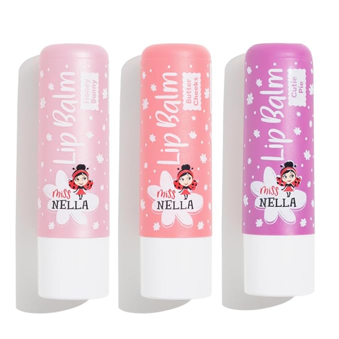 Miss Nella set of 3 Hypoallergenic children Lip Balms- HONEY BUNNY, SWEET CHEEKS & CUTIE PIE, Non Toxic Make Up for kids, perfect for those with sensitive skin.