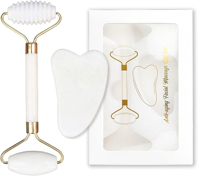 Jade Gua Sha Facial Tools Face Roller Set guasha Reduce Puffiness Wrinkles Improve Skin Tone Gua Sha Stone for Lifting Toning Skincare Beauty Tools for Men Women Self Care Gift Set (White)