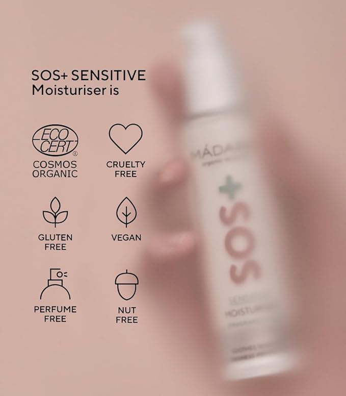 MÁDARA Organic Skincare | SOS+ SENSITIVE Moisturiser, 50ml – Lightweight sensitive skin moisturiser for redness-prone and reactive complexions, With hyaluronic acid and red algae, Fragrance-free.