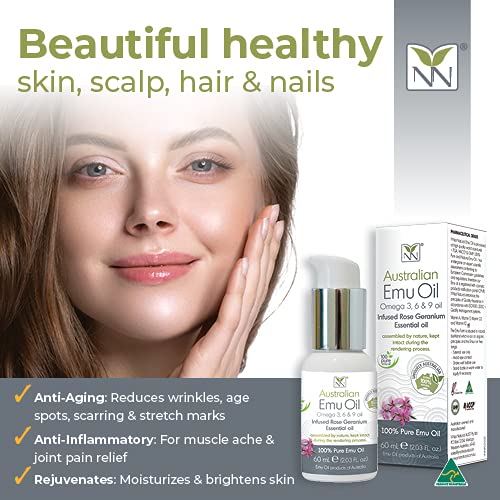 Y-Not Natural Ultra Pure Australian Emu Oil - Luxury, Hospital Grade Emu Oil 60 mL | Free Range Aboriginal Omega 3, 6 & 9 Oil Infused with Rose Geranium - The Ultimate Moisturizer for Skin, Hair, Nails, and Scalp