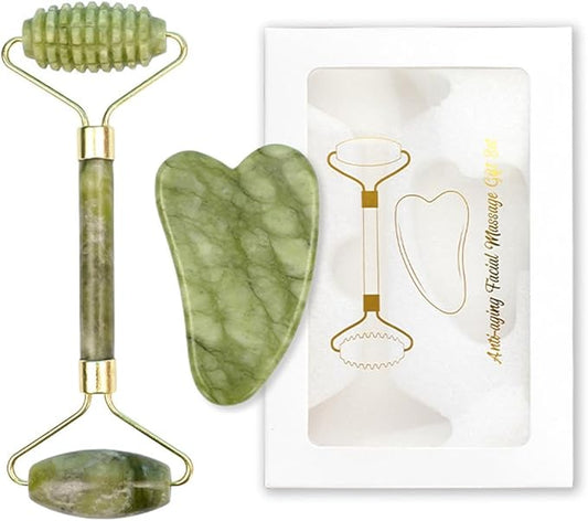 Jade Gua Sha Facial Tools Face Roller Set guasha Reduce Puffiness Wrinkles Improve Skin Tone Gua Sha Stone for Lifting Toning Skincare Beauty Tools for Men Women Self Care Gift Set (Green)