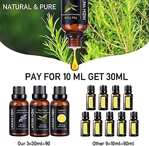 Pure Tea Tree, Lavender, Lemon Essential Oils - Top 3pc Oil Gift Set - for Diffusers, Humidifiers, Massages, Yoga Room, Home, Office - Safe for Skin, Hair, & Nails (90mL Total)