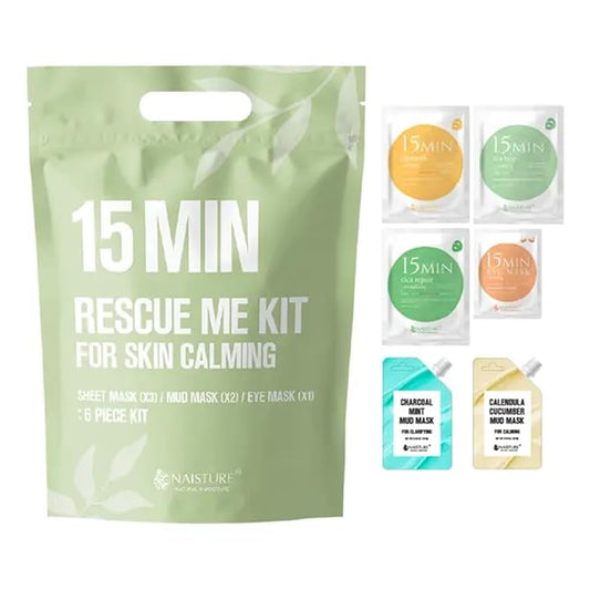 15 Min Rescue Me Kit by Naisture – Korean Spa and Skincare Kit for Women with Cica, Turmeric, and Tea Tree Sheet Masks, Eye Mask, Calendula Cucumber Mask, and Charcoal Mint Mud Mask