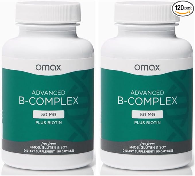Omax3 2 Bottles - Advanced Vitamin B Complex 50MG with Biotin | Strong & Shiny Hair, Skin Nails, Support Stress, Immunity, Energy Metabolism, 90 Capsules/per Bottle