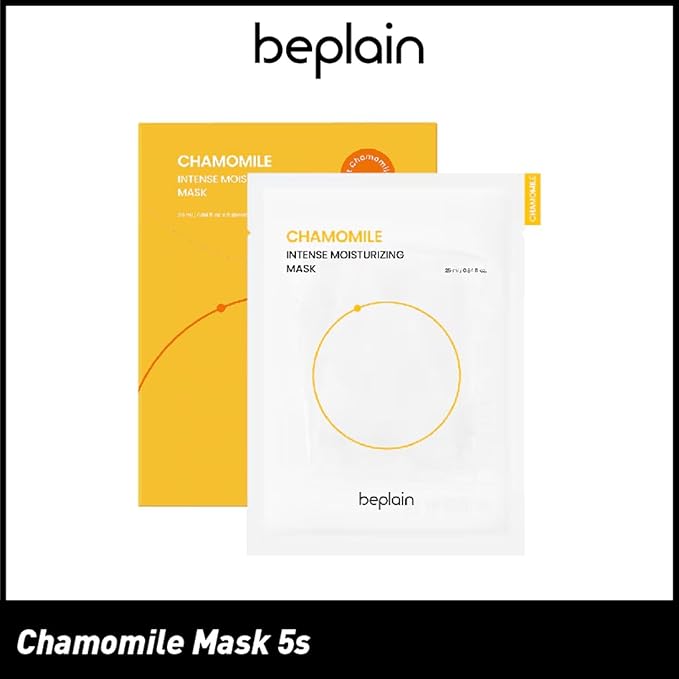 beplain Chamomile Intense Moisturizing Facial Mask, Hydrating & Soothing Sheet Mask for Sensitive, Dry Skin | Vegan | Elasticity Improvement | Fragrance-Free | Korean Skin Care | 5ea