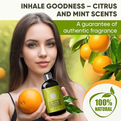Anti Cellulite Massage Oil (8 oz) - 100% Natural Anti Cellulite Oil for Thighs and Butt Firming - Skin Tightening Oil for Loose Skin with Grapefruit, Lemon & Sweet Orange Essential Oils