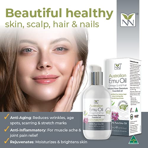 Y-Not Natural Ultra Pure Australian Emu Oil - Luxury, Hospital Grade Emu Oil 200 mL | Free Range Aboriginal Omega 3, 6 & 9 Oil Infused with Rose Geranium - The Ultimate Moisturizer for Skin, Hair, Nails, and Scalp