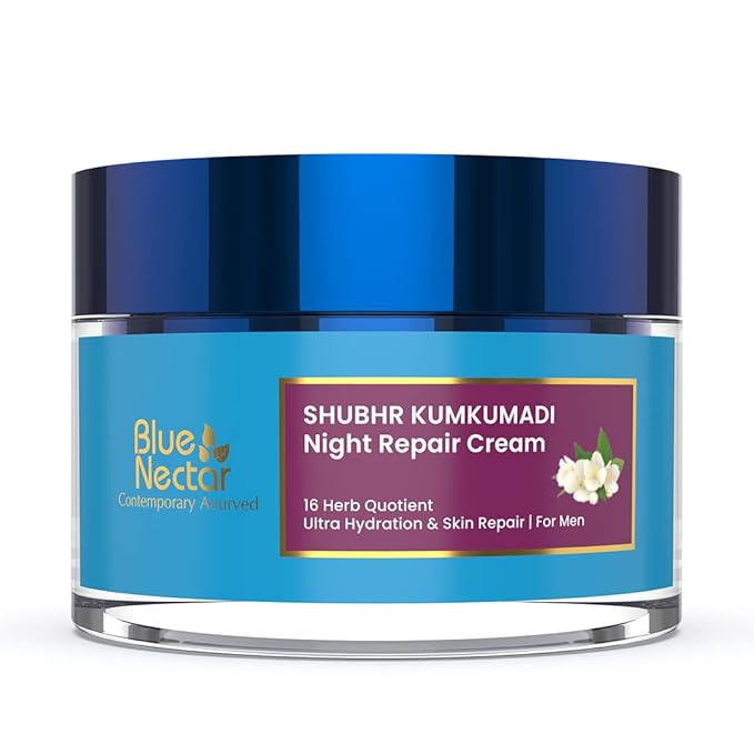 Blue Nectar Kumkumadi Night Cream with Jasmine for Deep Hydration with Kumkumadi Oil & Organic Ghee | Plant-Based Moisturizer for Smooth, Radiant and Glowing Skin (Men, 16 Herbs, 1.7 Fl oz)